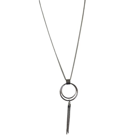 Long Concentric Circle Tassel Pendant Necklace Dangle Silver Tone Link Chain 25" - Picture 2 of 7